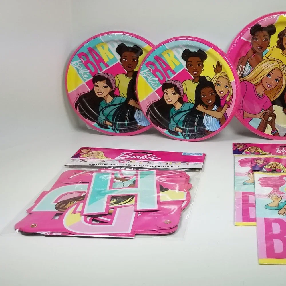 Barbie party set for 16 includes small and large plates, banner and goodie bags